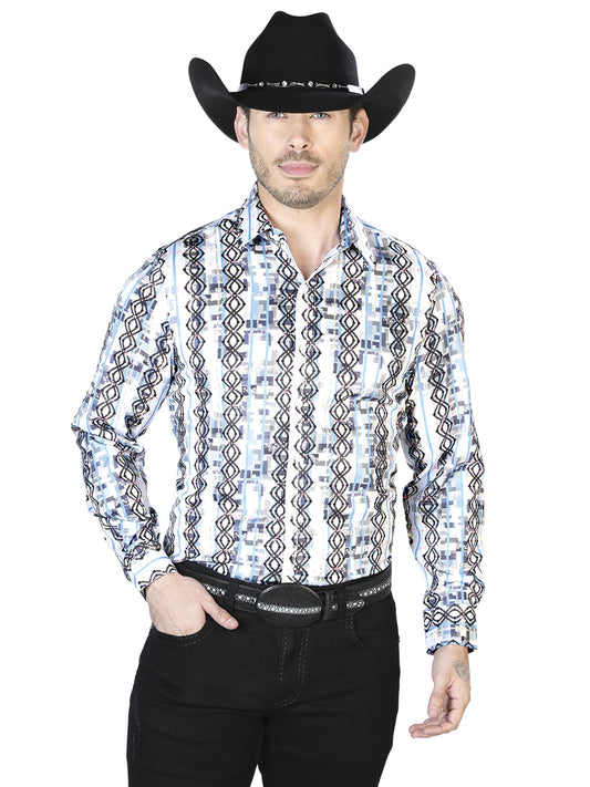 Camisa casual de manga larga blanca y azul 43940