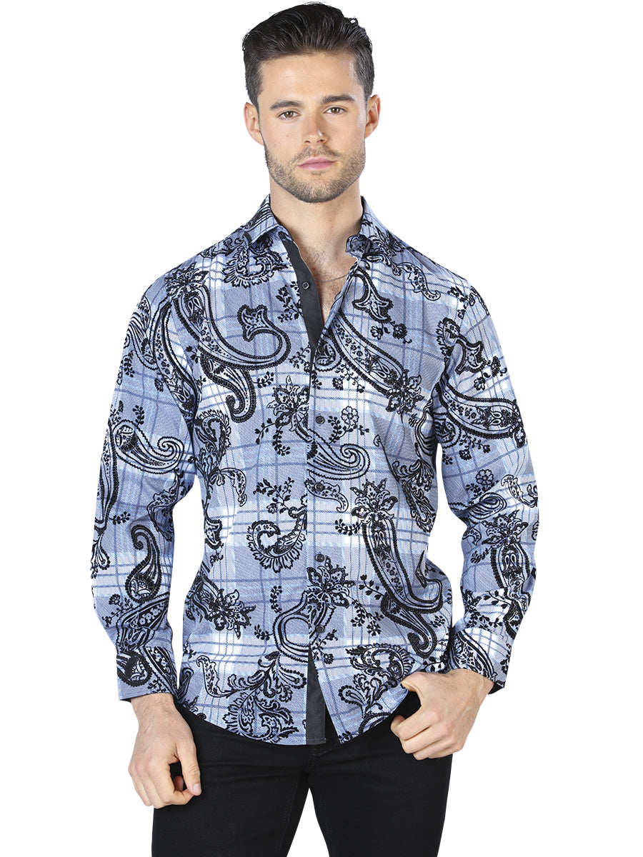 Camisa casual de manga larga azul y negra 44058