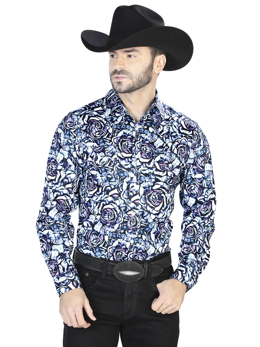 Camisa informal de manga larga con estampado de rosas azules 44069