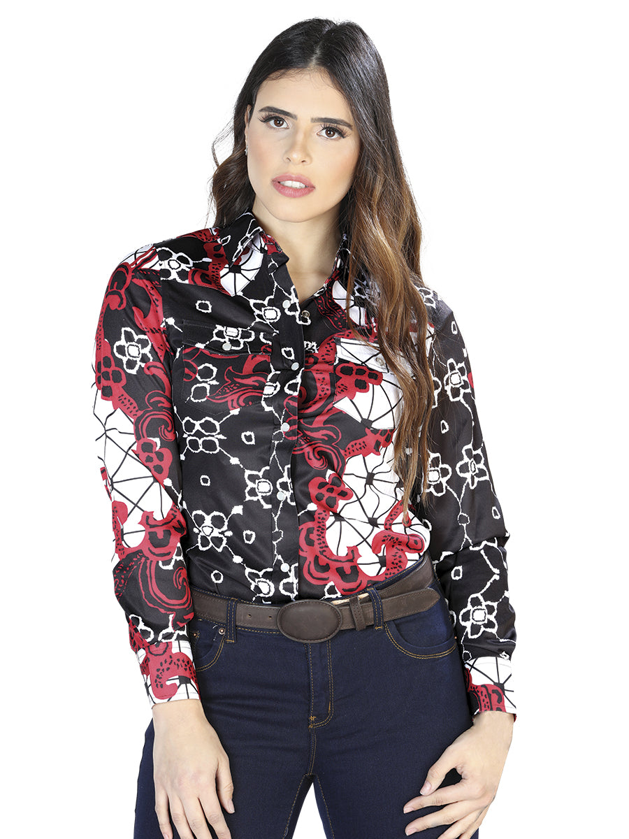 Camisa de manga larga estampada en negro y burdeos 44078