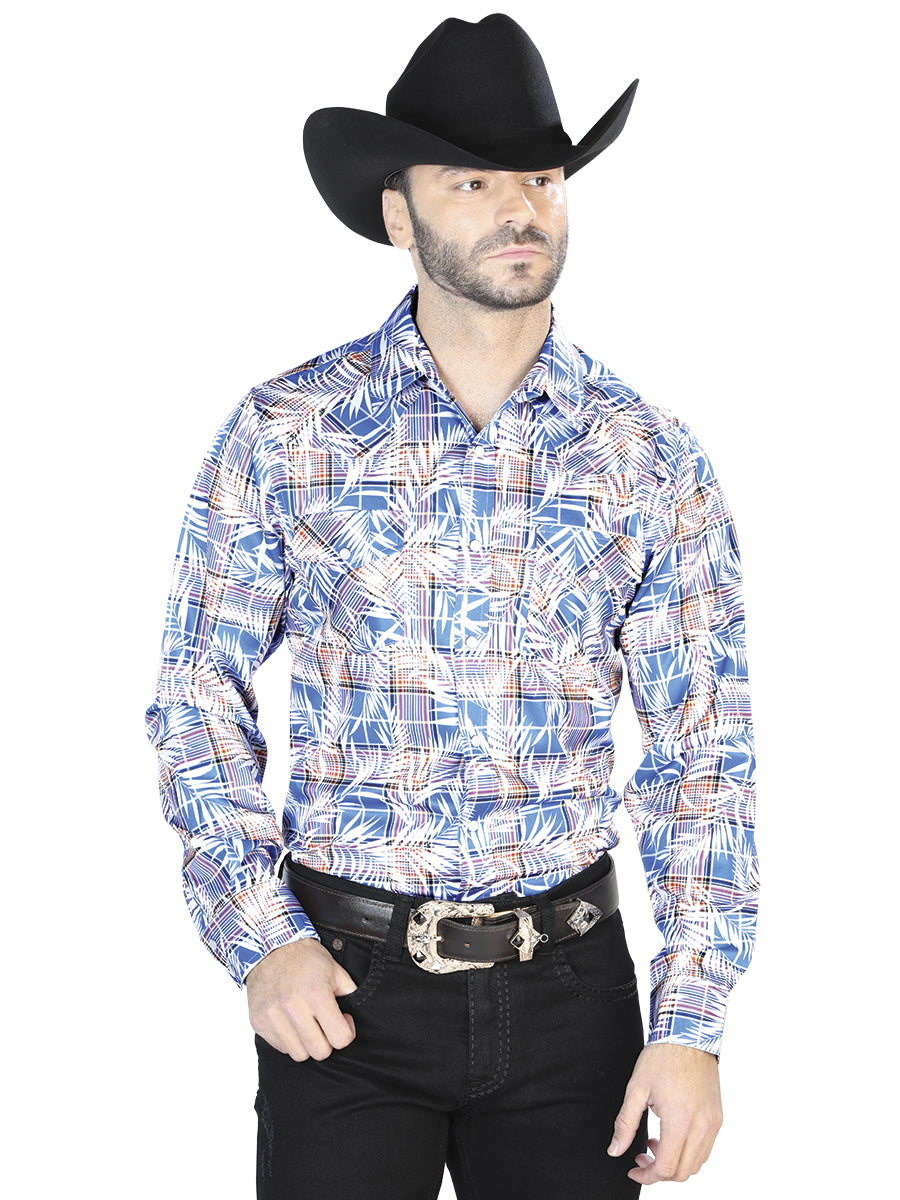Camisa casual de manga larga azul y blanca 44086