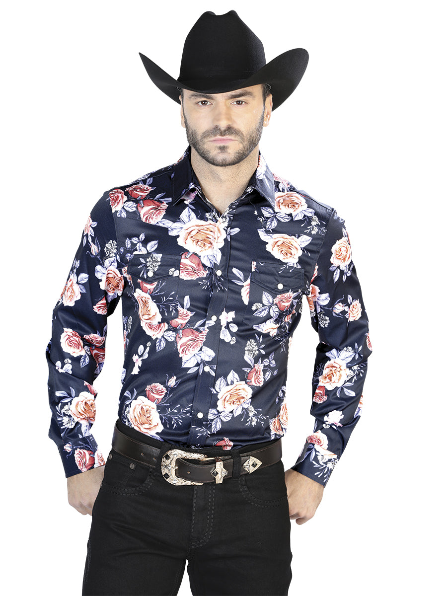 Navy/Roses Casual Long Sleeve Shirt 44089
