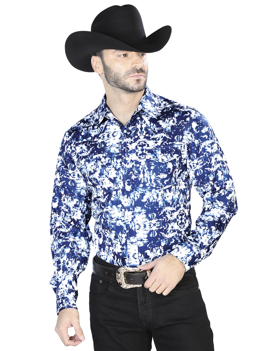 Camisa casual de manga larga azul y blanca 44091