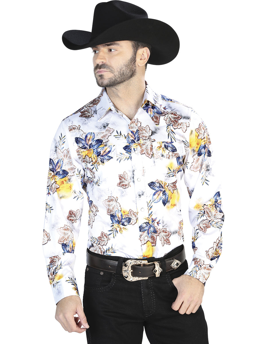 Camisa informal de manga larga blanca con estampado floral 44097