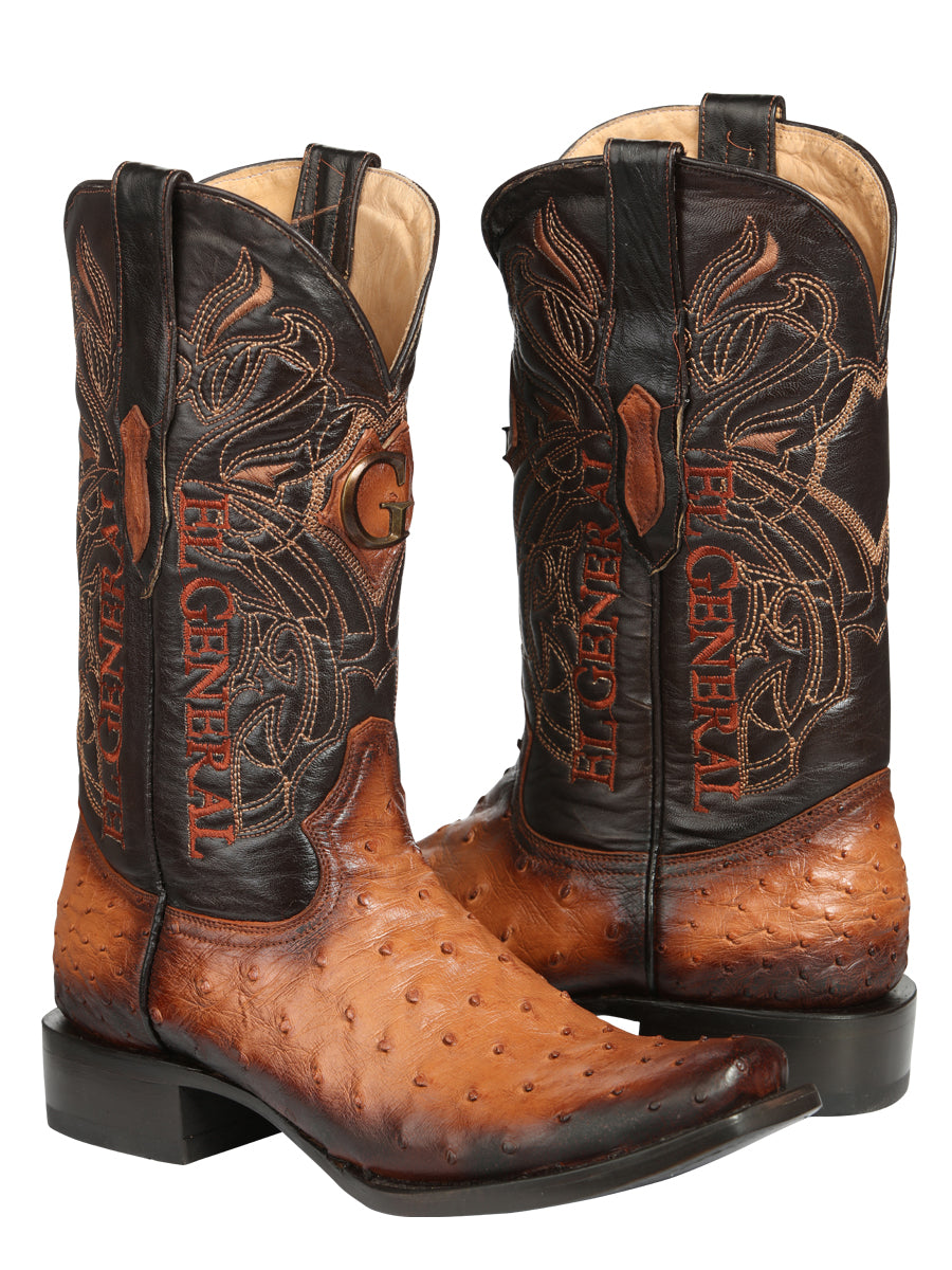 El General Men's Exotic Ostrich Leather Cowboy Boots - Cognac  45517