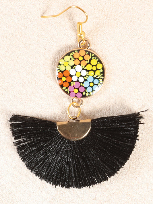 Artisanal Hand Painted Earrings Wood-Silk Thread Black 602177