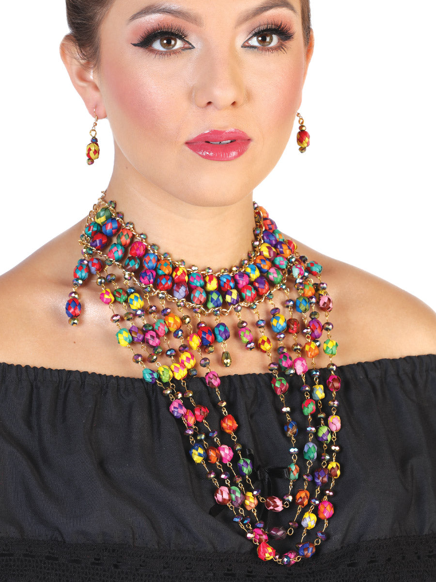 Conjunto Artesanal Aretes-Collar Palma Multicolor 602378