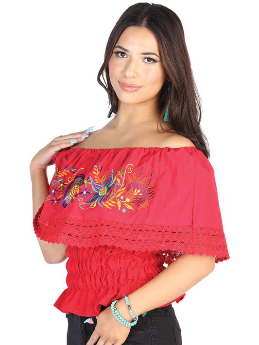 Artisanal Embroidered Blouse 50% Cotton, 50% Polyester Red  602454