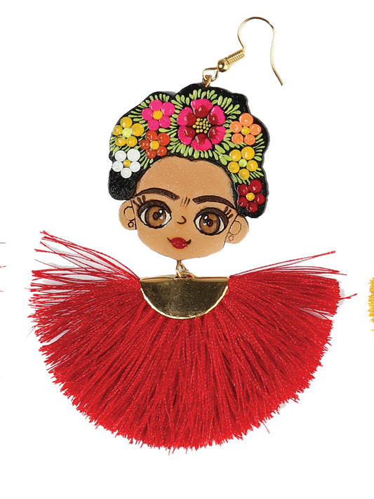 Artisanal Hand Painted Earrings Wood-Silk Thread Red 602990