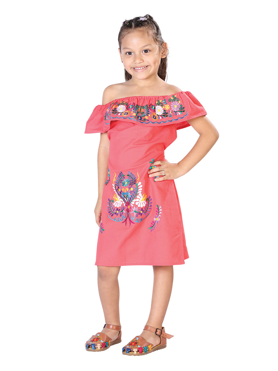 Artisanal Embroidered Dress 100% Cotton Coral 603040