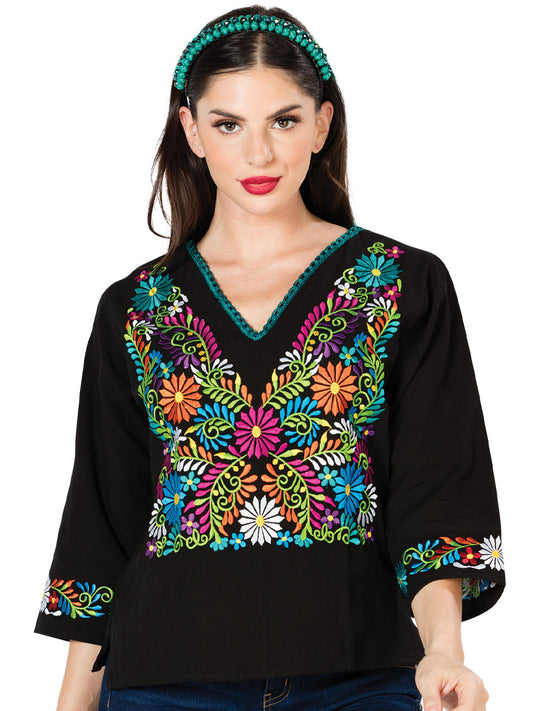 Artisanal Embroidered Blouse 100% Cotton Black 603054