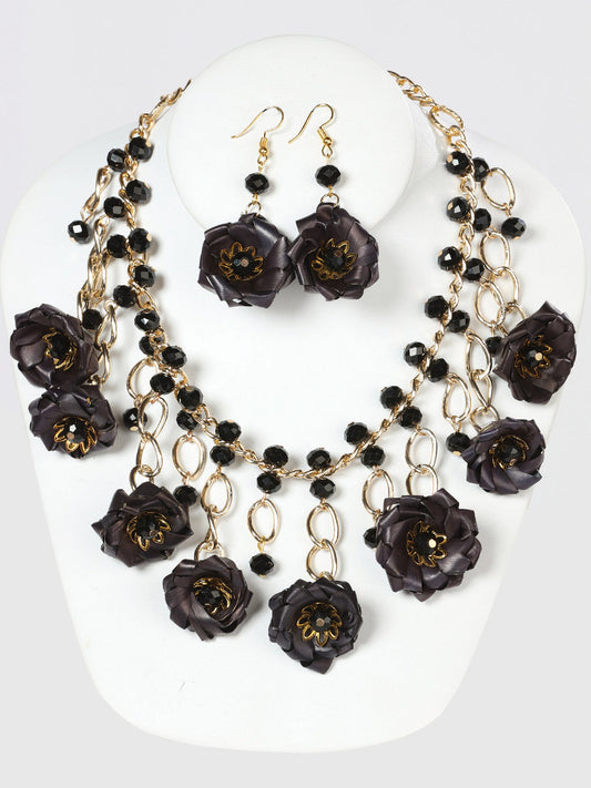 Conjunto Artesanal de Aretes y Collar de Palma e Hilo de Seda Negro 603223