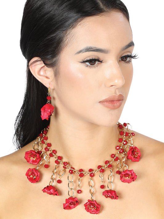 Conjunto Artesanal Aretes-Collar Palma-Hilo de Seda Rojo 603225