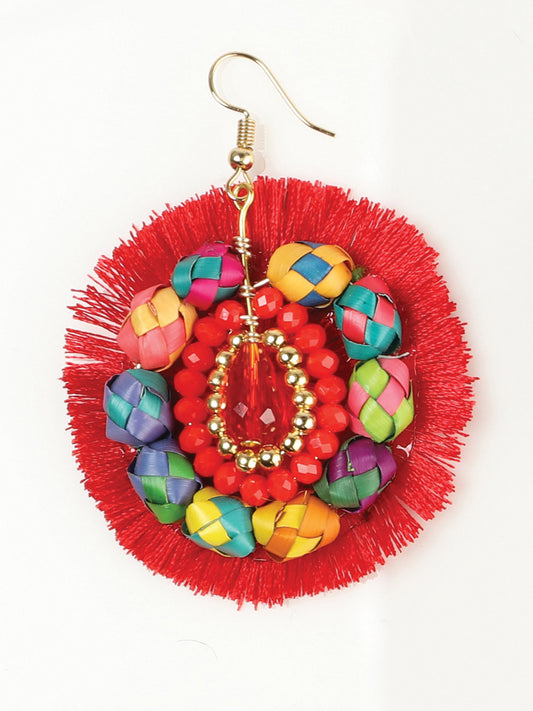 Aretes Artesanales de Hilo de Seda de Palma Rojos 603249