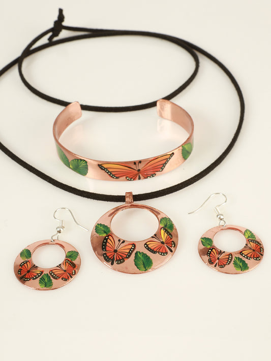 Conjunto de aretes, collar y pulsera artesanales pintados a mano en cobre 603402