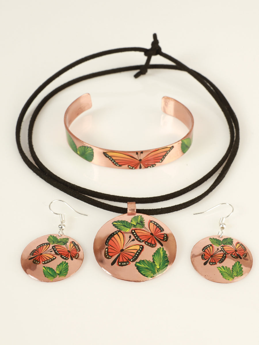 Conjunto de aretes, collar y pulsera artesanales pintados a mano en cobre 603403
