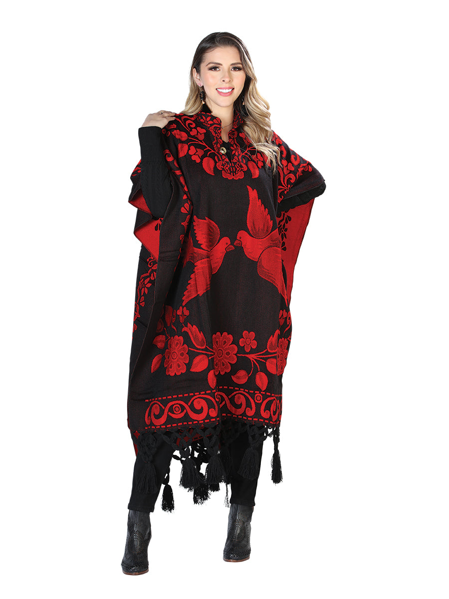 Poncho Mexicano Artesanal 92% Acrílico, 8% Poliéster Negro/Rojo 603831