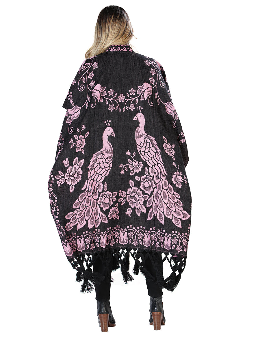 Poncho Mexicano Artesanal 92% Acrílico, 8% Poliéster Negro/Rosa 603832