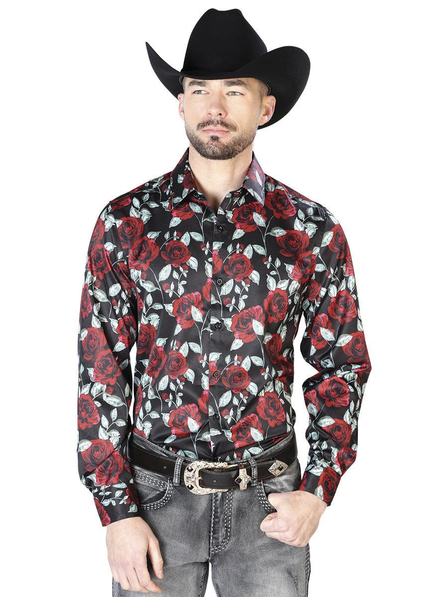 Camisa informal de manga larga negra con rosas rojas 43667