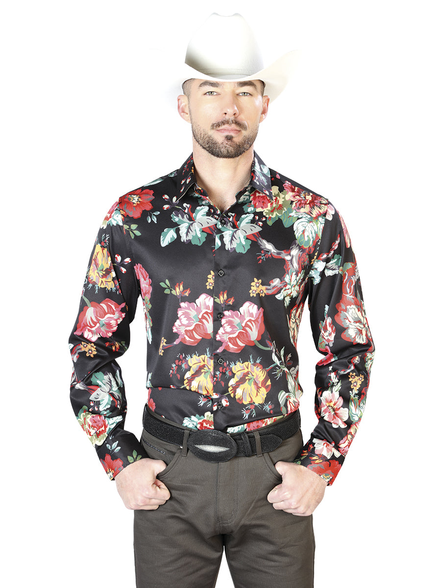 Camisa informal de manga larga negra con rosas rojas 43675