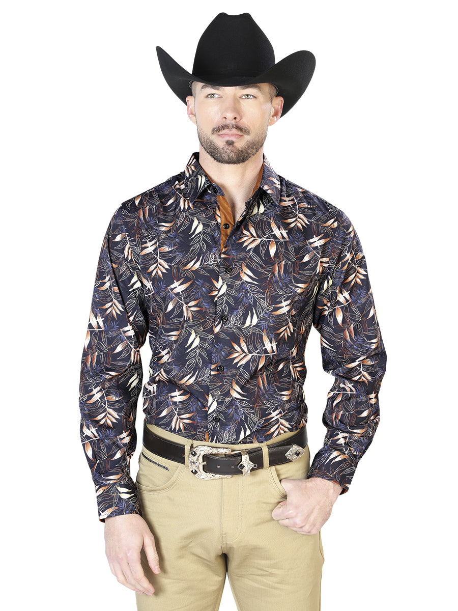 Camisa casual de manga larga negra y dorada 43691