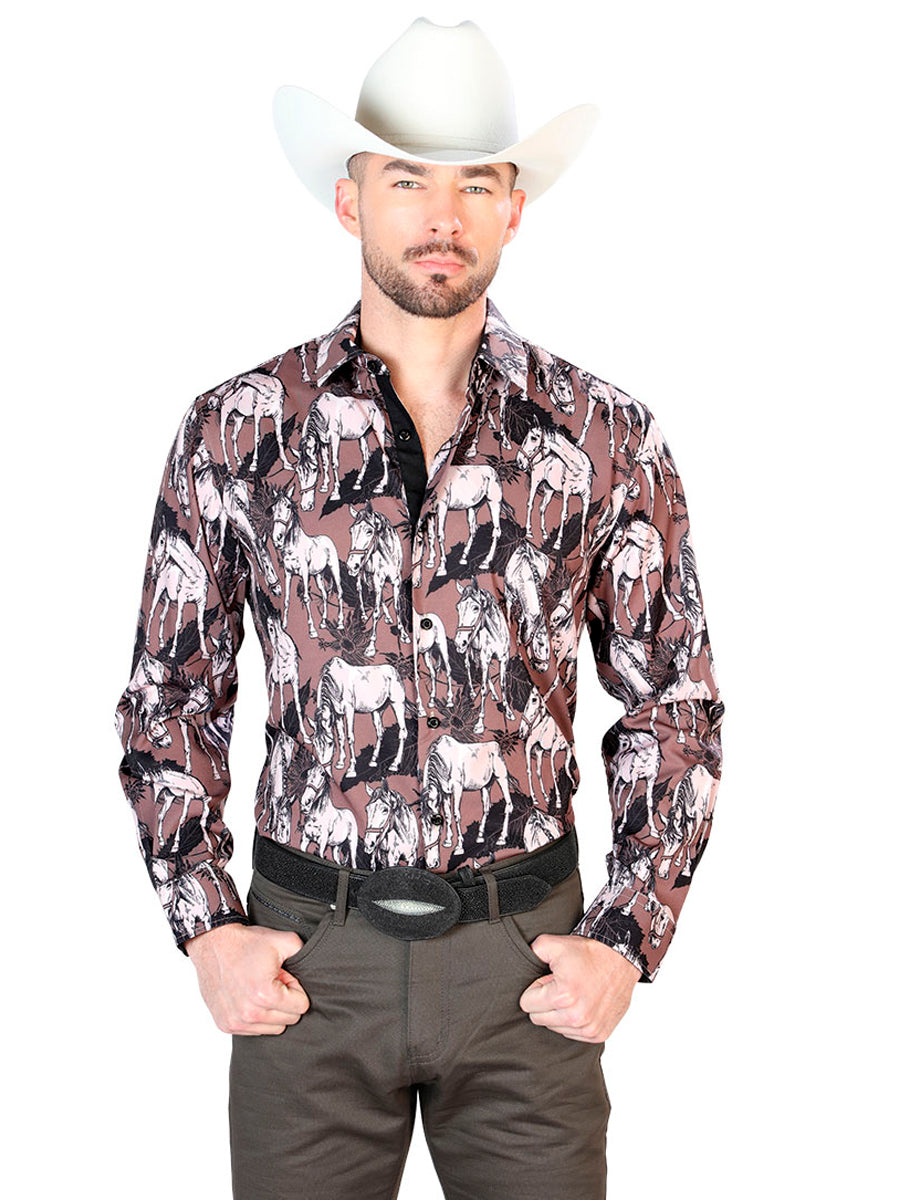 Camisa de manga larga con estampado de caballos en negro y beige 43699