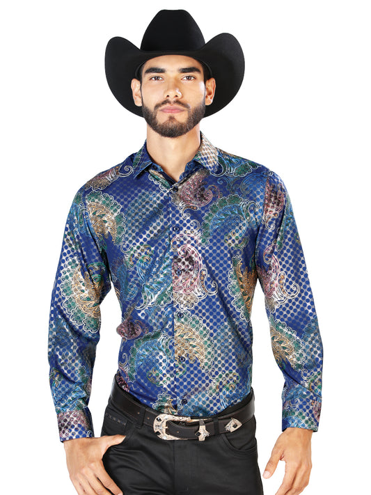 Camisa casual de manga larga con estampado azul 43873