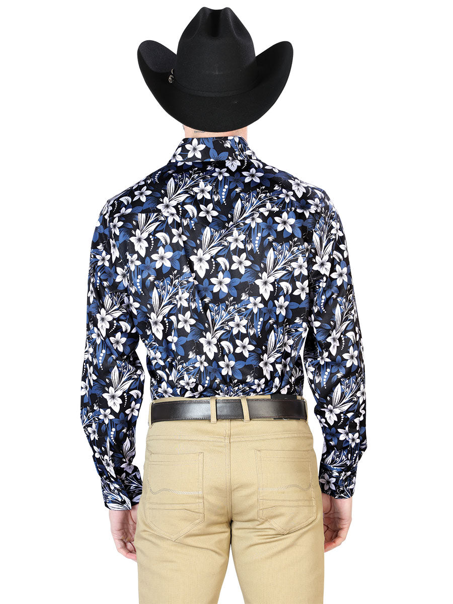 Camisa casual de manga larga con flores azules 43954