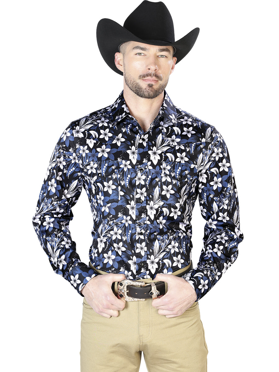 Camisa casual de manga larga con flores azules 43954