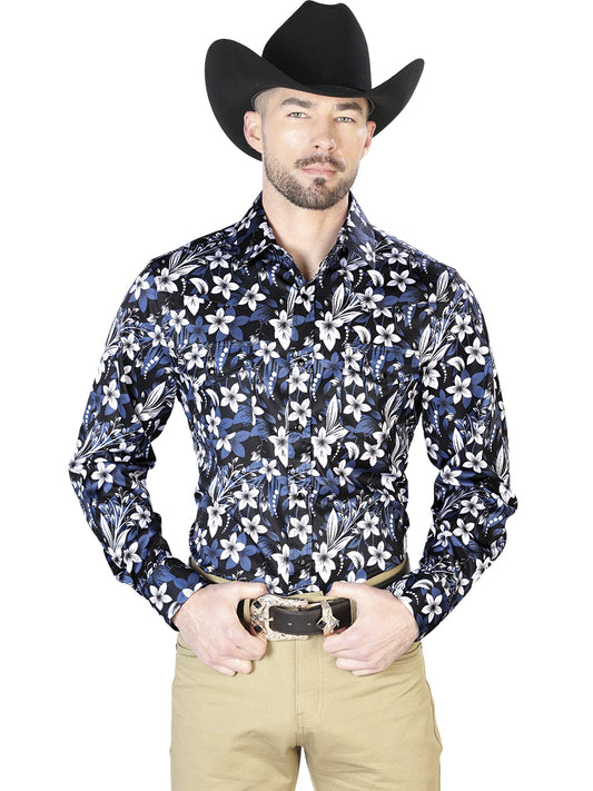 Camisa casual de manga larga con flores azules 43954