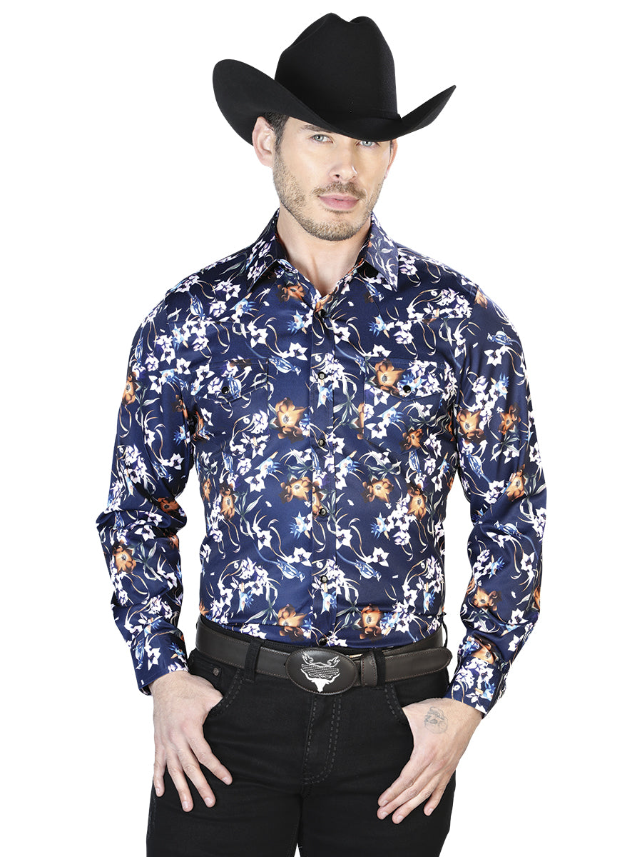 Camisa casual de manga larga con flores azules 43957