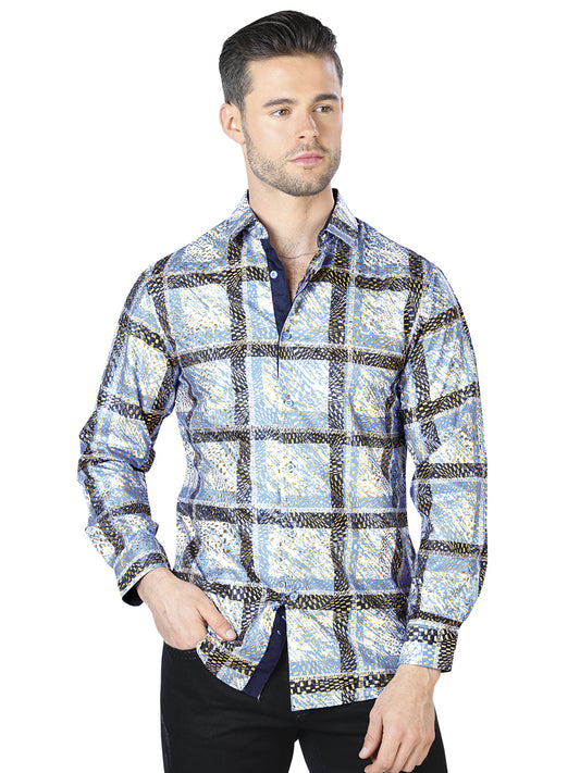 Camisa casual de manga larga azul y amarilla 44010