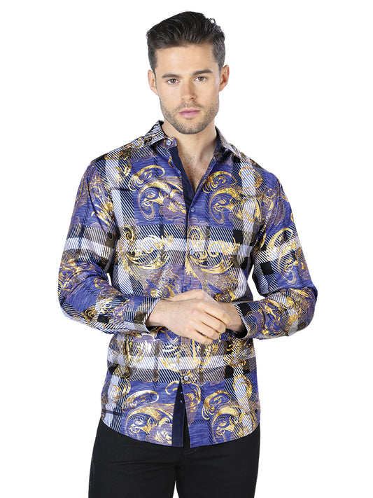 Camisa informal de manga larga con estampado azul dorado 44023