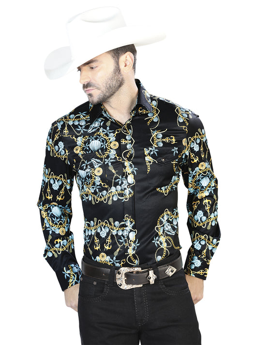 Camisa casual de manga larga negra y dorada 44083