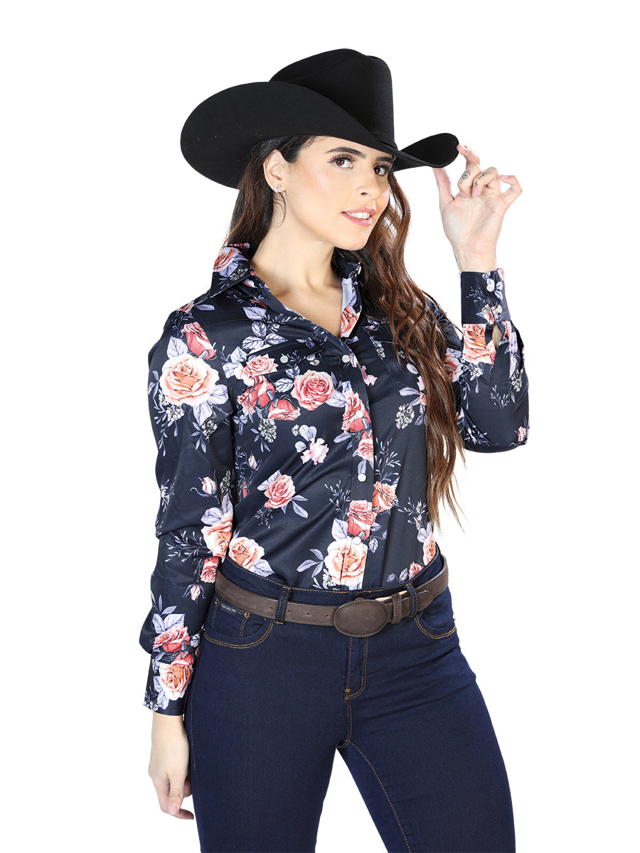 Camisa de manga larga con estampado de rosas azules 44090