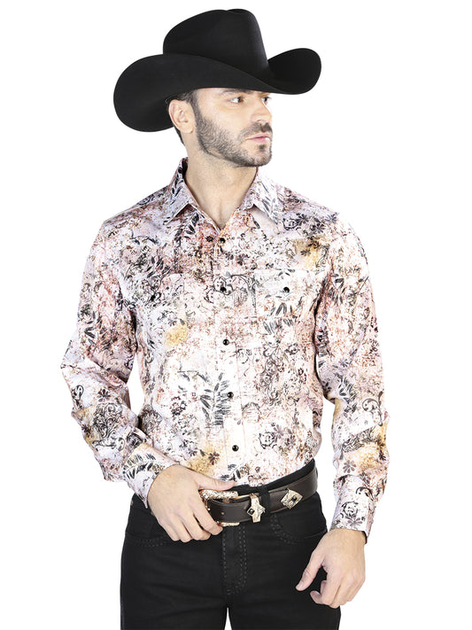 White And Brown Casual Long Sleeve Shirt 44093