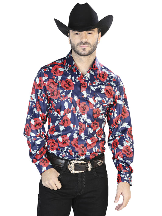 Camisa casual de manga larga azul con estampado de rosas 44098