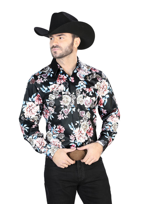 Camisa informal de manga larga con estampado de rosas en negro 44111
