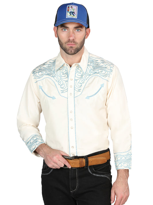 El General Embroidery Western Shirt Beige/Blue 44199