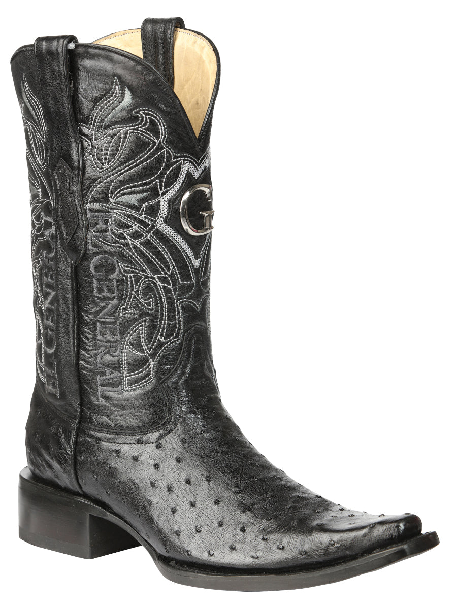El General Men's Exotic Ostrich Leather Cowboy Boots - Black  45075