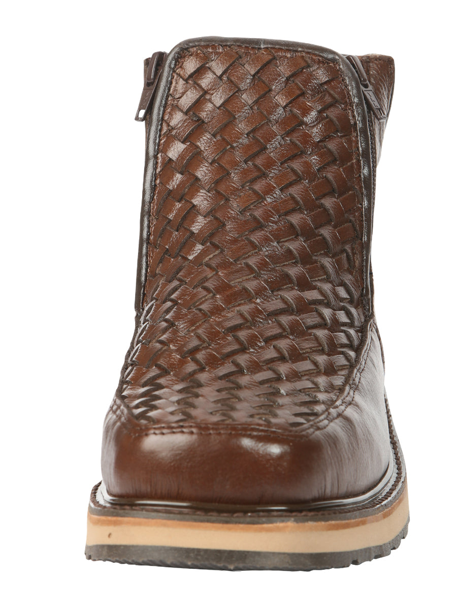 El General Men’s Brown Woven Ankle Boots with Zipper 45184