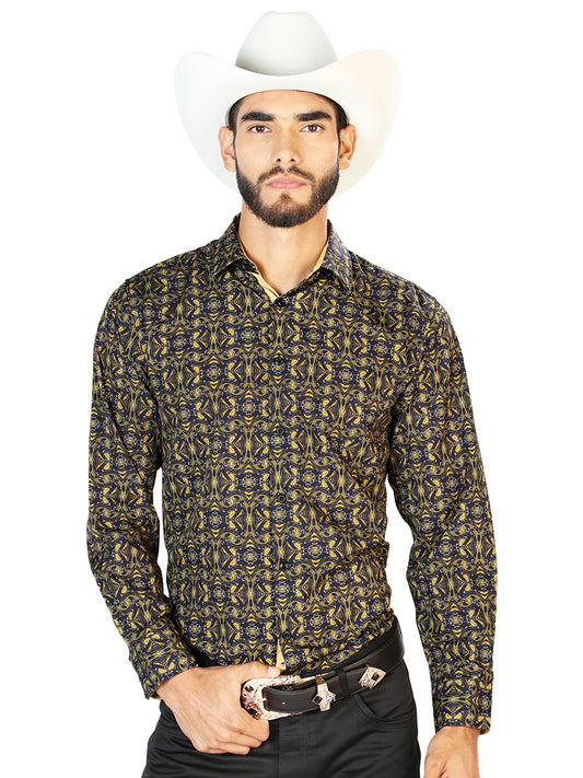 Camisa informal de manga larga negra y dorada 126273