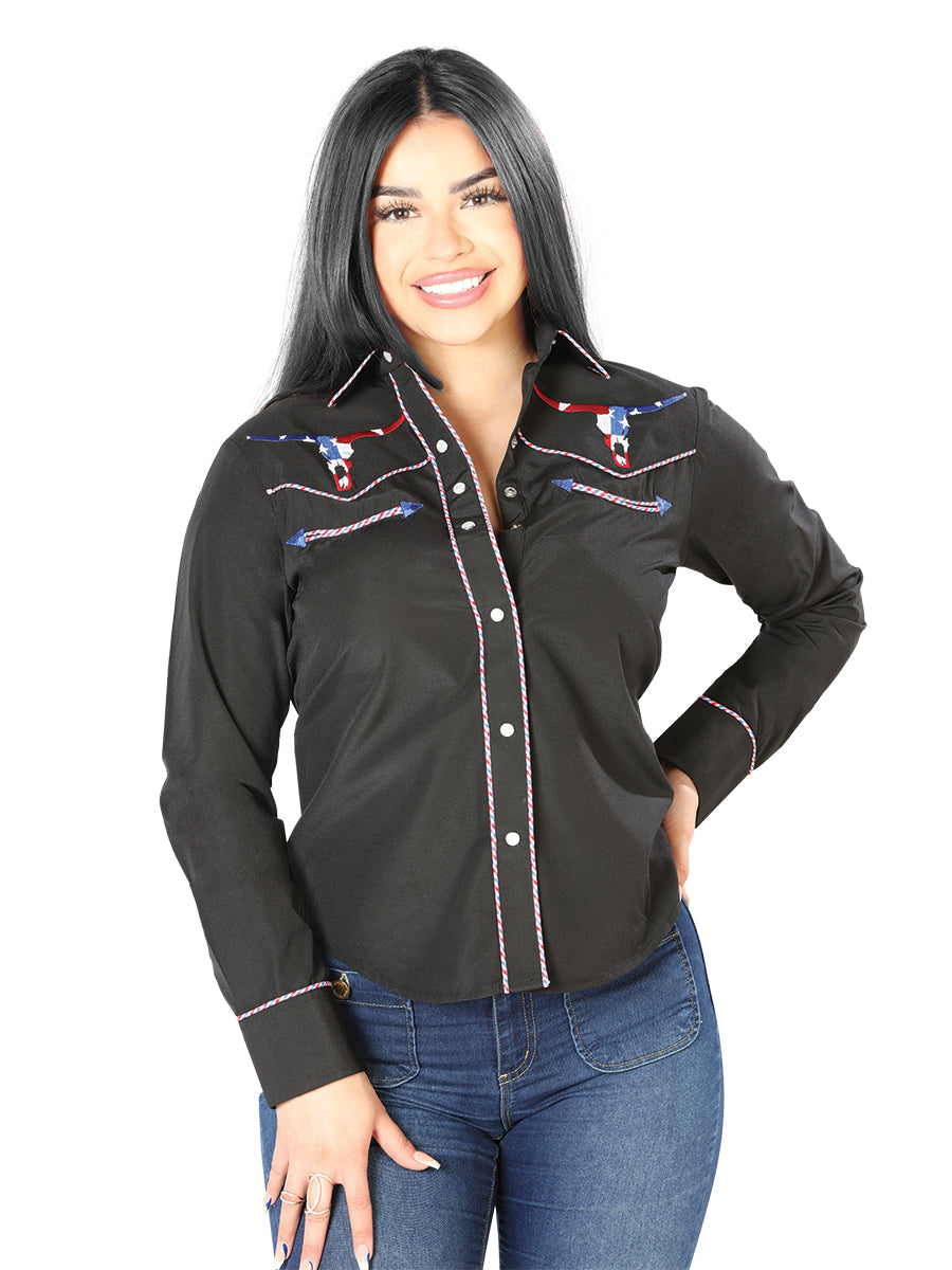 Womens Black Embroidered Western-style Blouse 126680