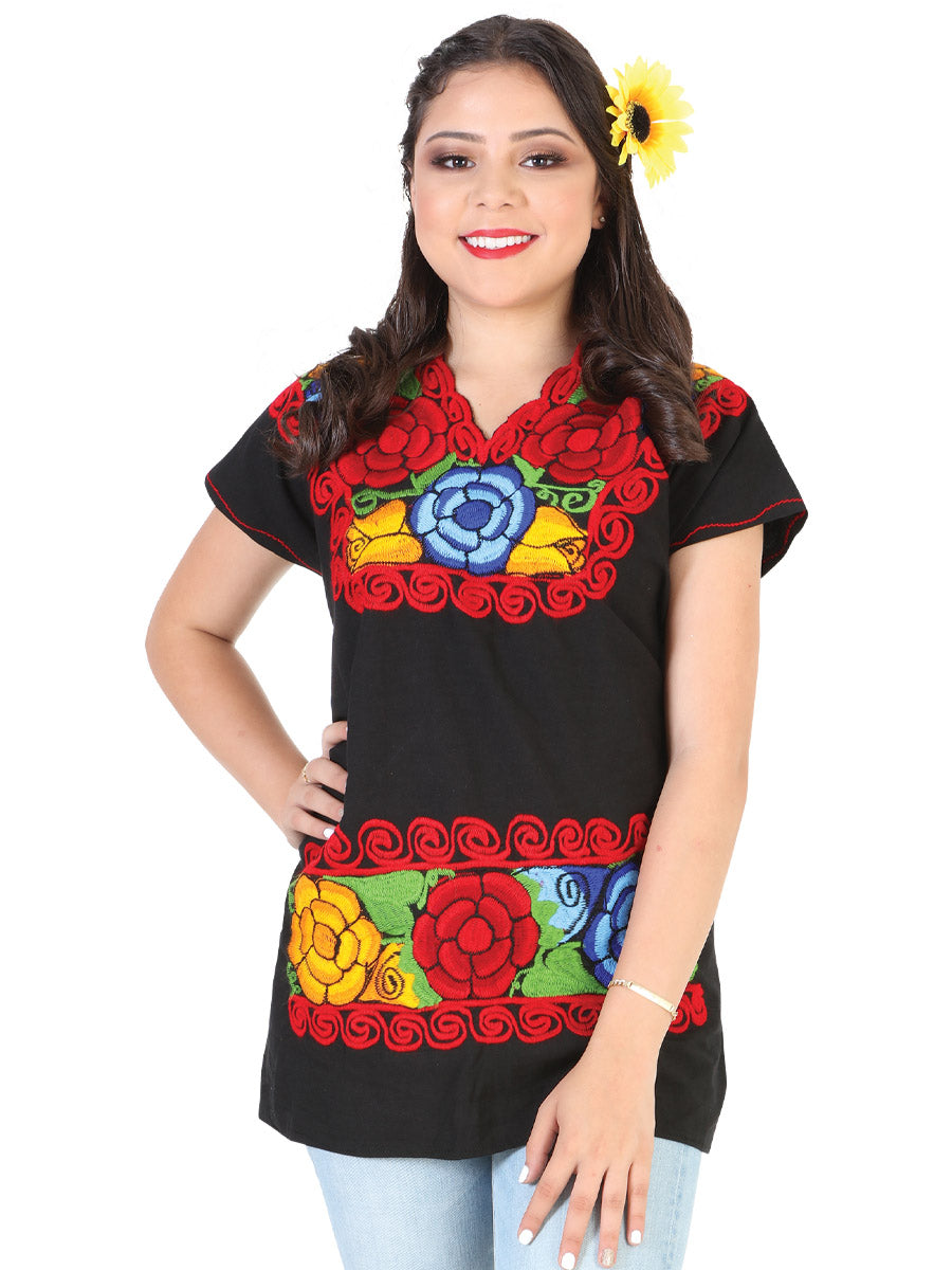 Blusa Bordada Artesanal 100% Algodón Negra 602302