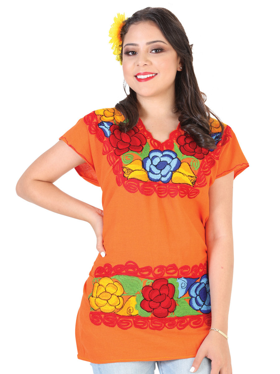 Blusa Bordada Artesanal 100% Algodón Naranja 602303