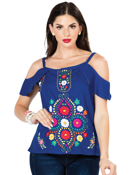 Blusa Bordada Artesanal 100% Algodón Azul 603069