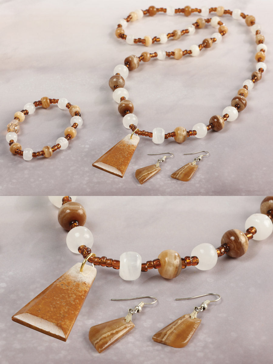 Artisanal Set Earrings-Necklace-Bracelet Onyx Stone Brown/Caramel  603145