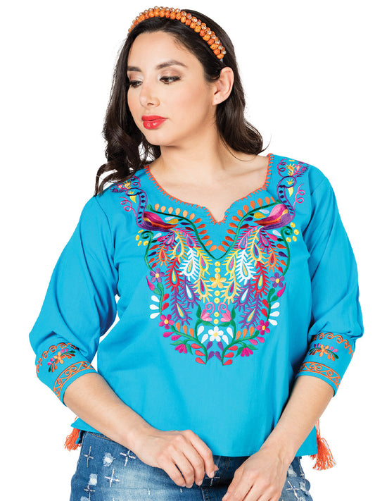 Artisanal Embroidered Blouse 100% Cotton Blue 603181