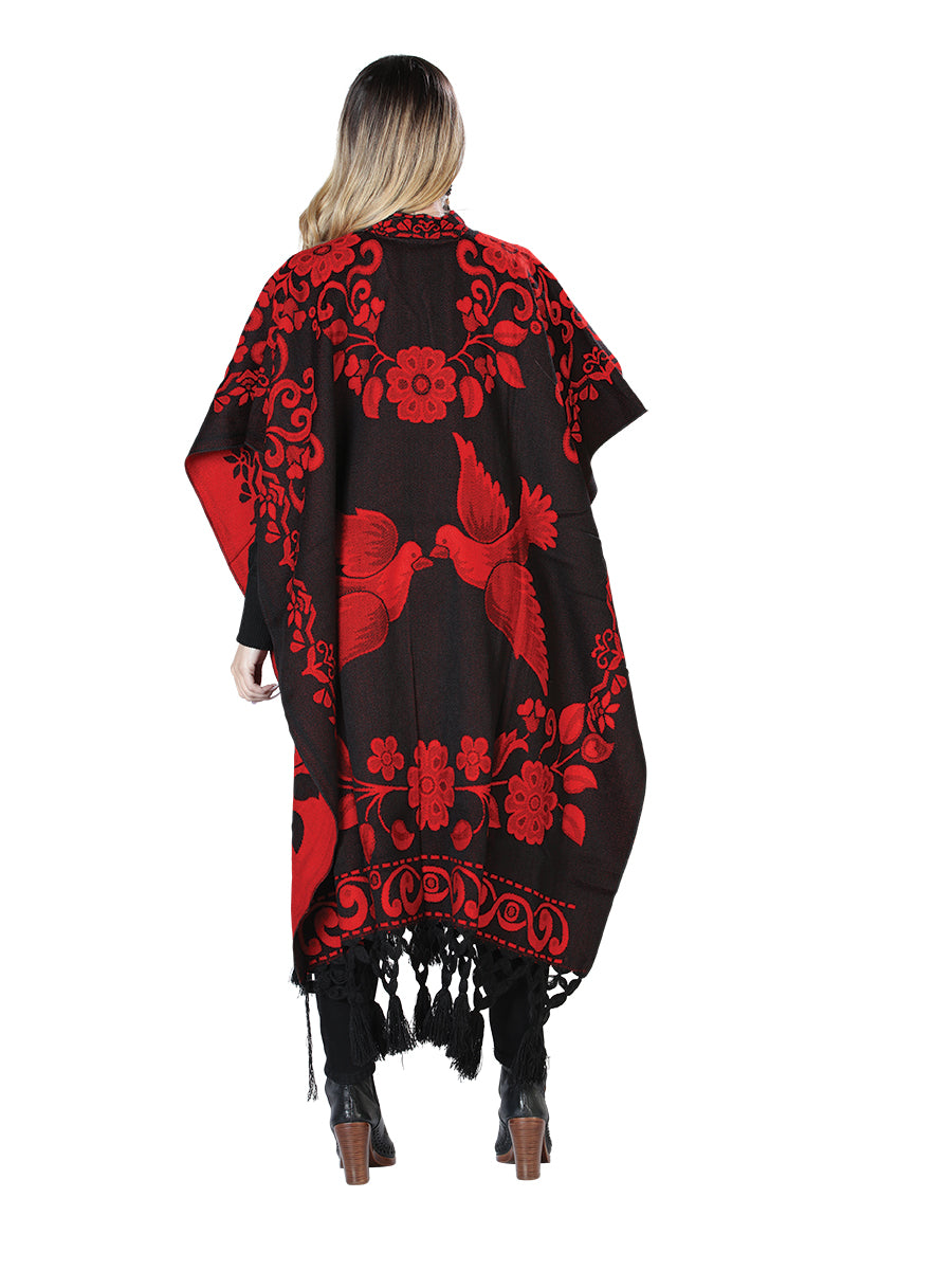 Poncho Mexicano Artesanal 92% Acrílico, 8% Poliéster Negro/Rojo 603831
