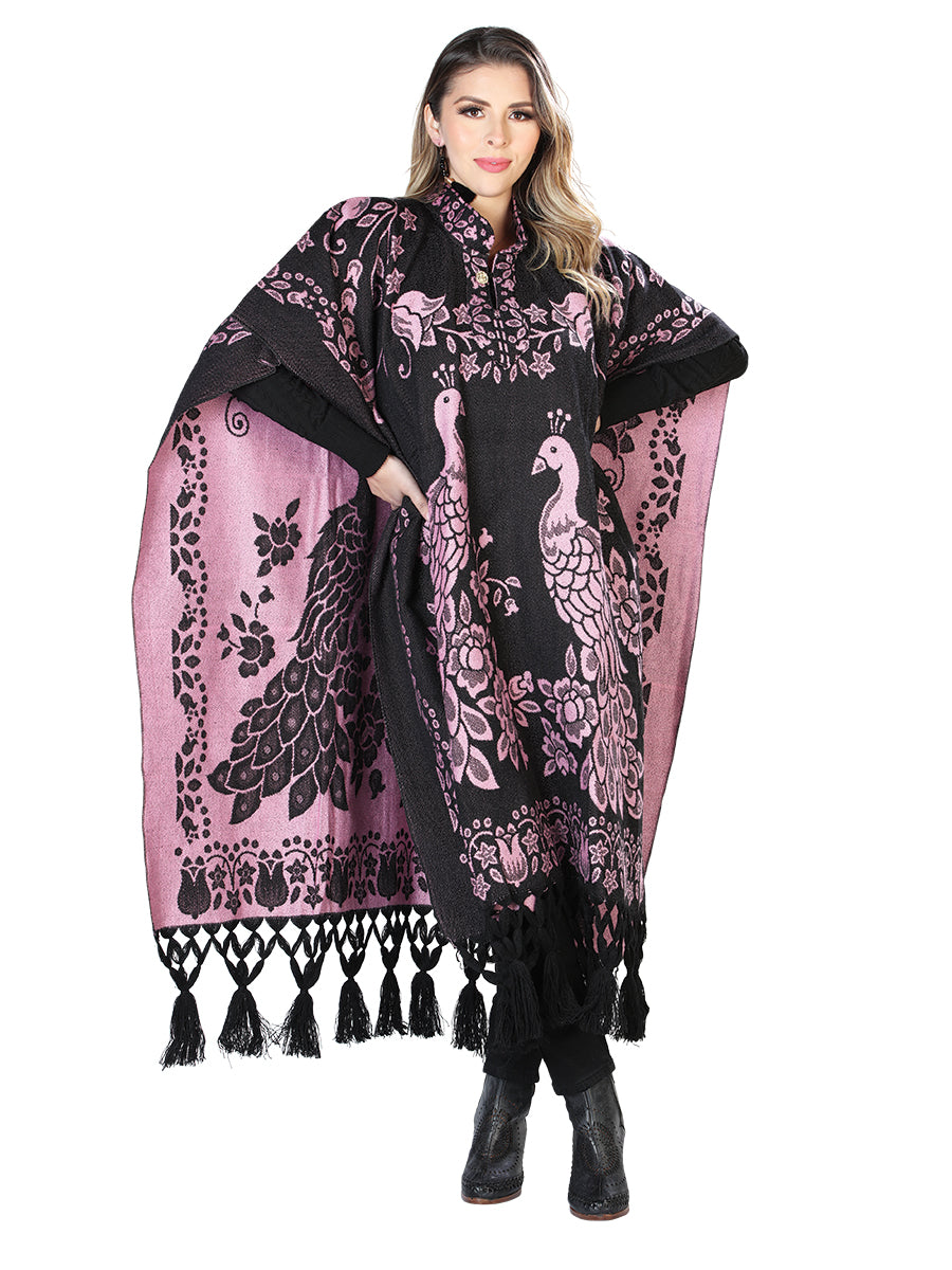 Poncho Mexicano Artesanal 92% Acrílico, 8% Poliéster Negro/Rosa 603832